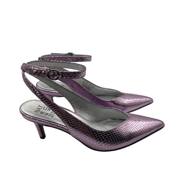 Naturalizer 7M Metallic Pink Snake Embossed Pointed Toe Heels With Ankle Strap - Picture 4 of 11